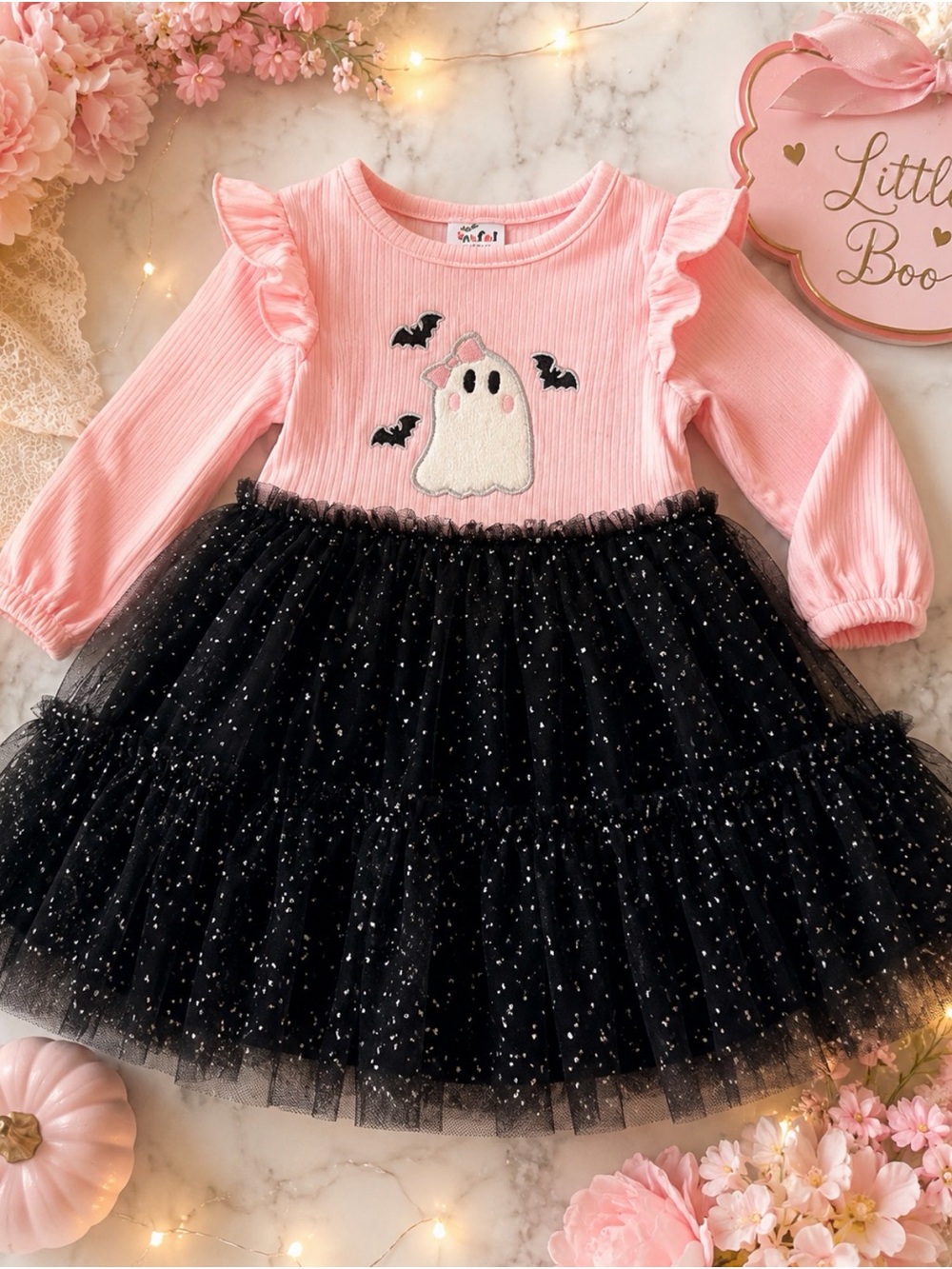 Carter's Pink Long-Sleeve Ghost Dress with Black Glitter Tulle Skirt